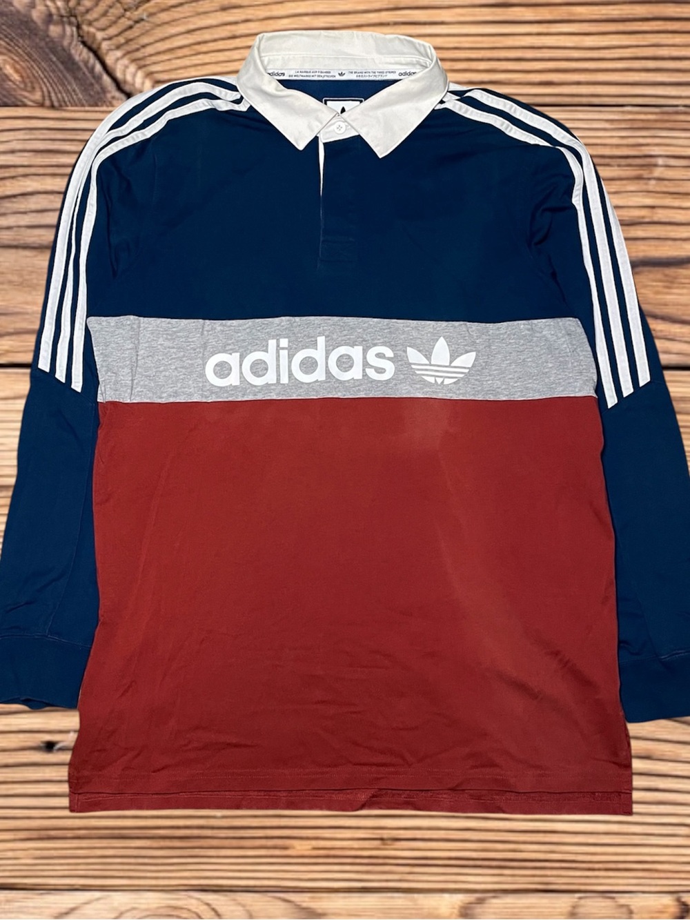 ADIDAS Mens Large Polo Shirt Long Sleeve Rugby Blue Red Henley Stripes Soccer